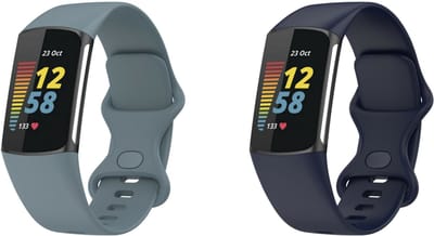 Strap-it Bundel van 2 Siliconen Bandjes - Geschikt voor Fitbit Charge 5 Maat: L - Donkerblauw & Grijsblauw - Sportbandje - Sportarmband - Siliconen Band - Waterbestendig & zweetbestendig