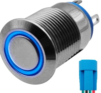 ProRide Metalen Drukschakelaar 12V ON-OFF - 12mm - Aan/uit schakelaar met Aansluitkabel - Spatwaterdicht - 12V/24V - LED Indicatie Blauw