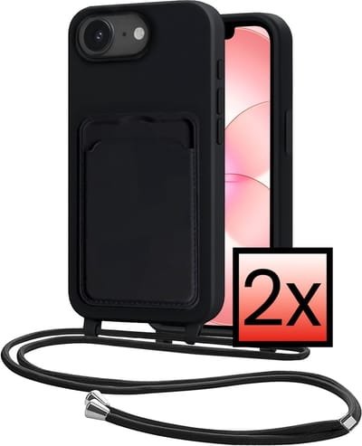 Hoes Geschikt voor iPhone 17e Met Telefoonkoord - Siliconen Hoesje Backcover Met Ketting - Zwart - 2 PACK