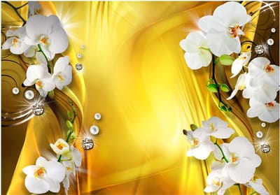 Fotobehangkoning - Behang - Vliesbehang - Fotobehang Orchidee op Goud - Orchid in Gold - 400 x 280 cm