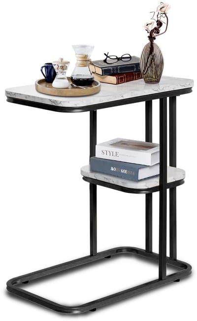 Dailygoods - Bijzettafel, dubbellaagse kleine salontafel, hoge bijzettafel met opbergplanken, marmeren tafel, met legplank, breedte 50 x diepte 30 x hoogte 58 cm, banktafel, nachtkastje (zwart)