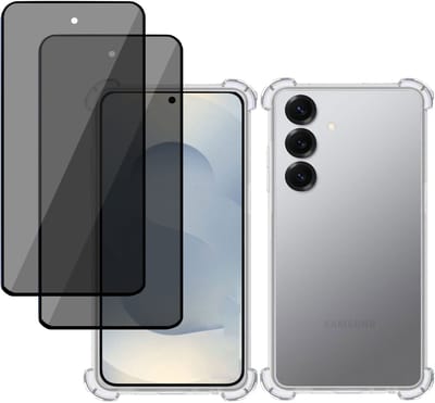 TechNow Hoesje + 2x Privé Screenprotector geschikt voor Samsung Galaxy S25 – Privacy Tempered Glass - Case Transparant