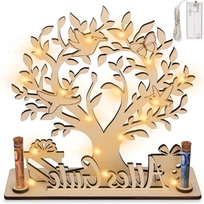 Houten Geldboom met LED Verlichting, Gepersonaliseerd Geldcadeau voor Bruiloft en Verjaardag, Origineel Geschenk voor Mannen en Vrouwen