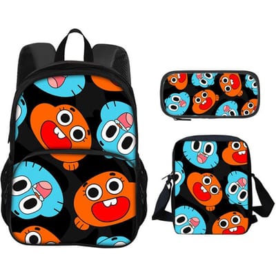 De Geweldige Wereld van Gumball Ronde Voorzak Rugzak Etui Schoudertas 3 Delige Set Cartoon Anime Bedrukt Student Jongens en Meisjes