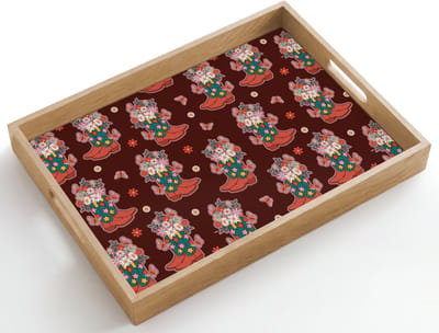 Dienblad hout 50x35 cm - Schootdienblad - Donker - Cowboy - Laars - Patroon - Borrelplank rechthoek - Plateau dienbladen