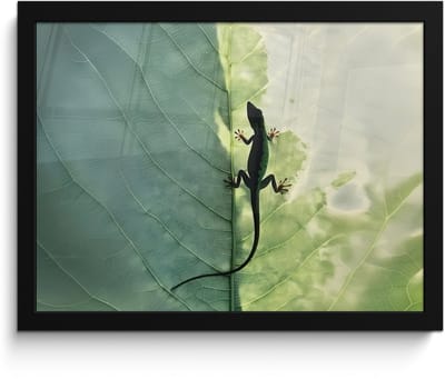 Poster in lijst - Fotolijst 40x30 cm - Posters - Hagedis - Blad - Nerven - Groen - Posterlijst zwart - Decoratie - Wanddecoratie woonkamer - Muurdecoratie slaapkamer
