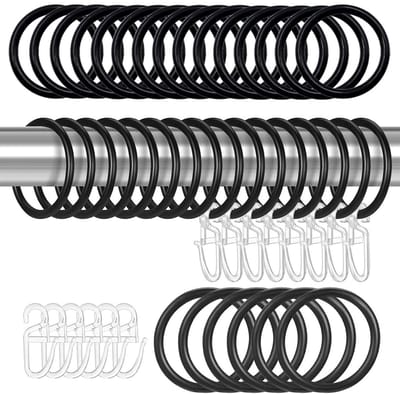 Dailygoods - 50 stuks gordijnhaken en ringen set - gordijnringen met kunststof haken voor ramen, deuren en douchegordijnen - gordijnringen met clips voor ringen inbegrepen - 30 mm binnendiameter zwart
