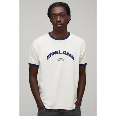 Regular England Print Ringer T-Shirt | Ecru | Size XS
