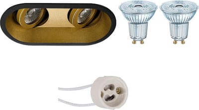 LED Spot Set - LEDVANCE Parathom PAR16 940 36D - Pragmi Zano Pro - GU10 Fitting - Dimbaar - Inbouw Ovaal Dubbel - Mat Zwart/Goud - 3.4W - Natuurlijk Wit 4000K - Kantelbaar - 185x93mm