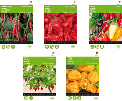 peper zaden set van 5 soorten | Spaanse Peper Cayenne long slim | Peper Bhut Jolokia Red | Peper Mixed 5 soorten | Peper Biquinho | Peper Habanero oranje Kweek je eigen peper hemel!
