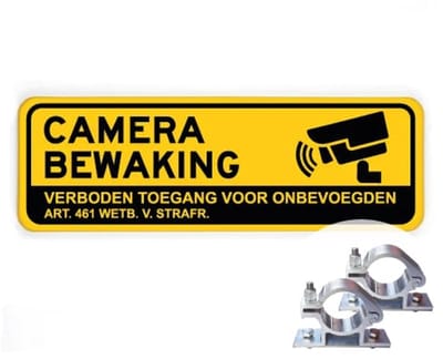 Bord Camerabewaking - Verboden toegang - geel - Weerbestendig Aluminium - 40x15 cm - Bevestiging: Met paalbeugels Ø48mm