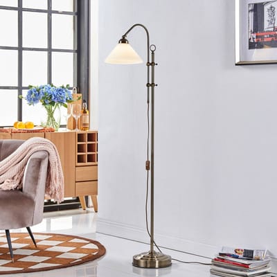 Lindby - vloerlamp - 1licht - Glas, metaal - H: 170 cm - E27 - opaalwit glanzend, antiek messing