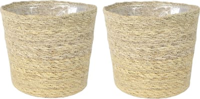 Steege Plantenpot - Set van 2x stuks - beige - gevlochten zeegras - D22 x H19 cm - plastic binnenkant
