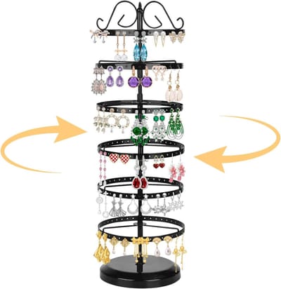 Zeslaags Oorbellenhouder van Metaal, Draaibare Sieradenstandaard voor Oorbellen, Kettingen en Armbanden (Zwart)