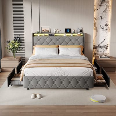 Bedframe met Lades 140x200 – LED & USB-C – Fluweel – Hoofdbord met Opbergplank– Grijs