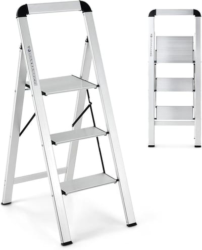 Opklapbare ladder - Vouwladder opstapje - Klusjes in huis - Antislip treden - 150 kg draagvermogen - Zilver