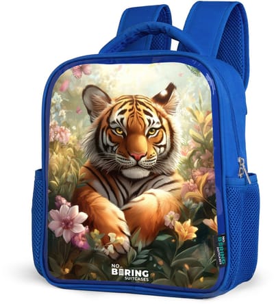 NoBoringSuitcases.com® - Rugzak blauw - Schooltas jongens - Tijger in bloemenveld met vlinders en zonlicht - Kinder rugtas jongen - Boekentas kind - Kinderrugzak voor school - Schoolrugzak