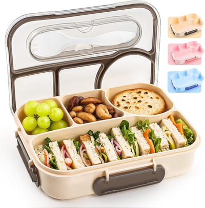 Lunchbox - Lunchbox Volwassenen - Lunchbox Kinderen - Bentobox - Lunchtrommel met 4 Compartimenten - Valbestendig - Vaatwasserbestendig en Gemaakt van BPA-Vrije Materialen - Bruin