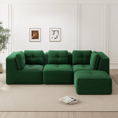 L-vormige hoekbank - modulaire hoekbank - met voetenbank - corduroy - driezitsbank - woonkamer - diepe zitting - groen