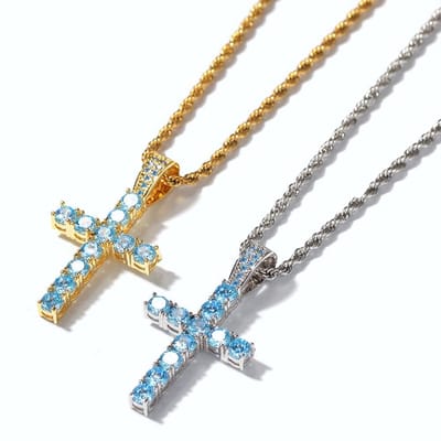 ICYBOY 18K Religieus Heren Ketting met Geplaveide Blauwe Krystallen Kruis Verguld Zilver [SILVER-PLATED] [ICED OUT] [20 - 50CM] - Gold Plated Cross Pendant Necklace Pave Blue Crystal Cross Pendant
