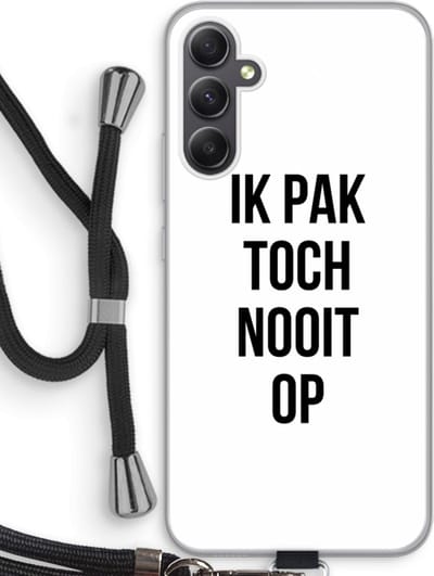 Case Company® - Hoesje met koord geschikt voor Samsung Galaxy A34 hoesje met Koord - Ik pak nooit op - Telefoonhoesje met Zwart Koord - Bescherming aan alle Kanten en Over de Schermrand