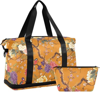 Draagtas met Natte Zak - Reistas Gymtas - Weekend Reizen - Waterdicht Ontwerp - 40 Liter Capaciteit - Oranje Bloemen Vogels