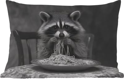 Buitenkussens - Tuin - Wasbeer - Cute - Pasta - Tafelkleed - Zwart - Wit - 50x30 cm