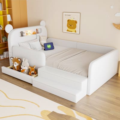 STILVORA Gestoffeerd Kinderbed 90x200 cm – Berenhoofdbord Met Nachtlampje En Usb Oplaadpoort – Met Opbergruimte En Zijpanelen – Zonder matras – Kunstleer – Wit