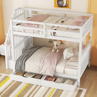 COVREO Stapelbed met trap en 2 lades – 140x200 cm – Kinderbed van hout en MDF – met opbergruimte – Wit - zonder matras