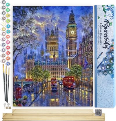 Figured'Art Schilderen op Nummer Volwassenen canvas Londen in de schemering - Handwerk acrylverf Kit DIY Compleet - 40x50cm met DIY houten lijst