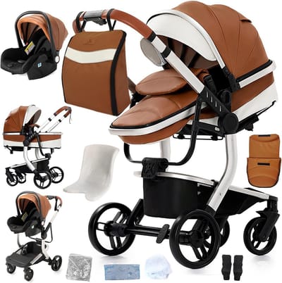3-in-1 Kinderwagen PU Leer Inclusief Reiswieg en Omkeerbare Duwstang