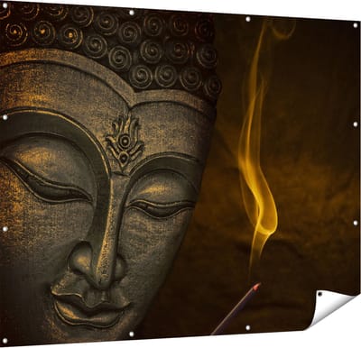 Gards Tuinposter Boeddha Beeld met Wierook - 150x120 cm - Tuindoek - Tuindecoratie - Wanddecoratie buiten - Tuinschilderij