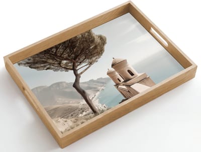 Dienblad hout 50x35 cm - Schootdienblad - Kust - Klif - Boom - Gebouw - Borrelplank rechthoek - Plateau dienbladen