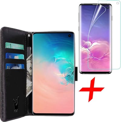 Hoesje geschikt voor Samsung Galaxy S10 - Screen Protector FlexGuard - Book Case Kunstleer Pasjeshouder Zwart & Screenprotector