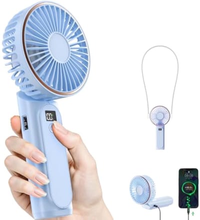 Deze draagbare handventilator is oplaadbaar, heeft een 3600mAh-batterij, een led-display, een 180° verstelbare hoek, 6 windsnelheden en functioneert zowel als reisventilator als powerbank. .