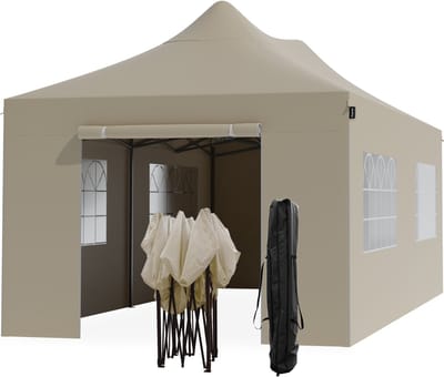 LifeGoods Partytent - Paviljoen - EasyUp - Opvouwbaar - 4 Zijwanden - Waterdicht - Met Draagtas met wieltjes - 300 x 600 cm - Beige