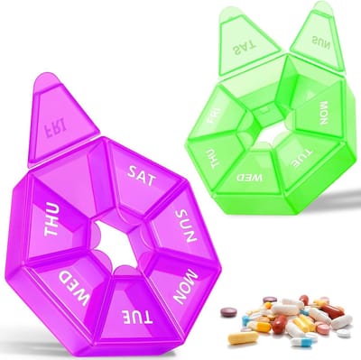 Tabletten Organizer voor Medicijnen en Vitaminen - 7 Dagen Pillendoos Set, Vochtbestendig en Draagbaar, Geschikt voor Ochtend en Avond Gebruik (Paars+Groen)