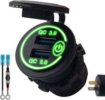 ProRide 12V USB Stopcontact 2 Poorten Inbouw met Schakelaar - QC3.0 - PUSB1QC-G - met Aansluitkabel 60cm en Glaszekering 10A - Groen