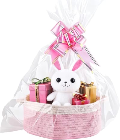 Grote Lege Cadeaumand met Handvatten, Ideaal voor Pasen, Babyshowers en Kerstdecoratie in Roze en Wit