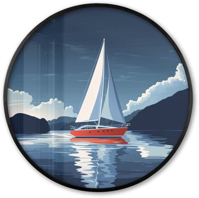 Poster in lijst Rond - Fotolijst 60x60 cm - Posters - Zeilboot - Donkere bergen - Stilte - Ronde posterlijst zwart - Decoratie - Wanddecoratie woonkamer - Muurdecoratie slaapkamer