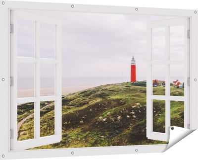 Gards Tuinposter Doorkijk Vuurtoren Texel - 150x100 cm - Tuindoek - Tuindecoratie - Wanddecoratie buiten - Tuinschilderij