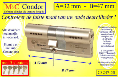 M&C Conder high-tech security deurcilinder 32x47 mm MET 5 SLEUTELS - SKG*** - Politiekeurmerk Veilig Wonen  -  inclusief MilaNNE gereedschap montageset