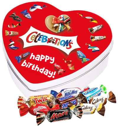 Mars Celebrations geschenkdoos hartje "Happy Birthday!" - chocolademix - Twix, Bounty, Mars, Snickers, Maltesers, Galaxy & MilkyWay - verjaardagscadeau - 120g