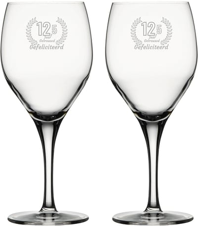 Gegraveerde set rode wijnglazen 42,5cl Gefeliciteerd 12,5 jaar getrouwd