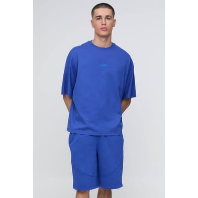 Oversized Panelled Man Embroidered T-Shirt and Short Set | Cobalt | Size XS