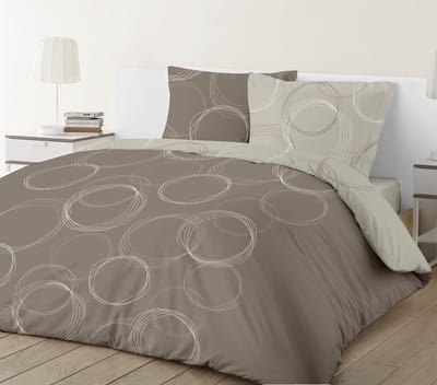 VISION Lenny - Tweezijdig omkeerbaar Dekbedovertrekset - 100% katoen: zacht en soepel - Lits-jumeaux - Dekbedovertrek 240 x 220 cm met 2 bijhorende slopen - Beige - Oekotex gecertificeerd