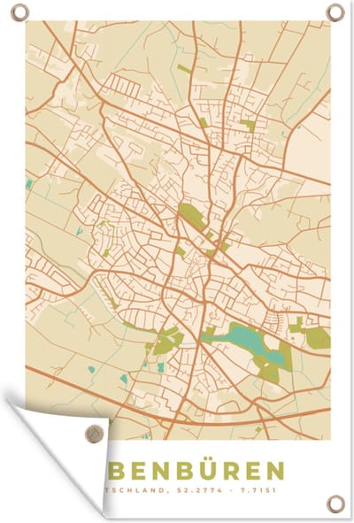 Muurdecoratie Ibbenbüren - Stadskaart - Plattegrond - Vintage - Kaart - 120x180 cm - Tuinposter - Tuindoek