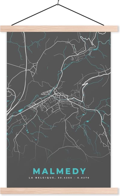 Posterhanger incl. Poster 40x60 cm - Schoolplaat - Kaart – Plattegrond – Stadskaart – Malmedy – België - Grijs - Textielposter - Blanke latten - Stadskaart