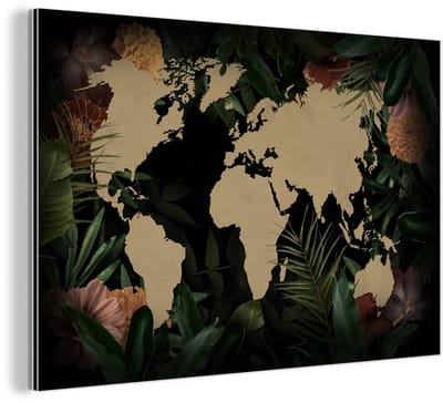 Aluminium schilderij 120x80 cm - Wanddecoratie metaal - Wereldkaart - Planten - Bloemen - Metalen muurdecoratie woonkamer - Decoratie industrieel - Foto op dibond - Industriële accessoires slaapkamer