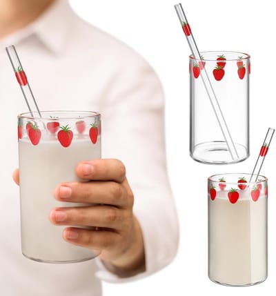 Set van 2 heldere glazen koffiekoppen met deksel, aardbeienmotief, ideaal voor espresso en cocktails